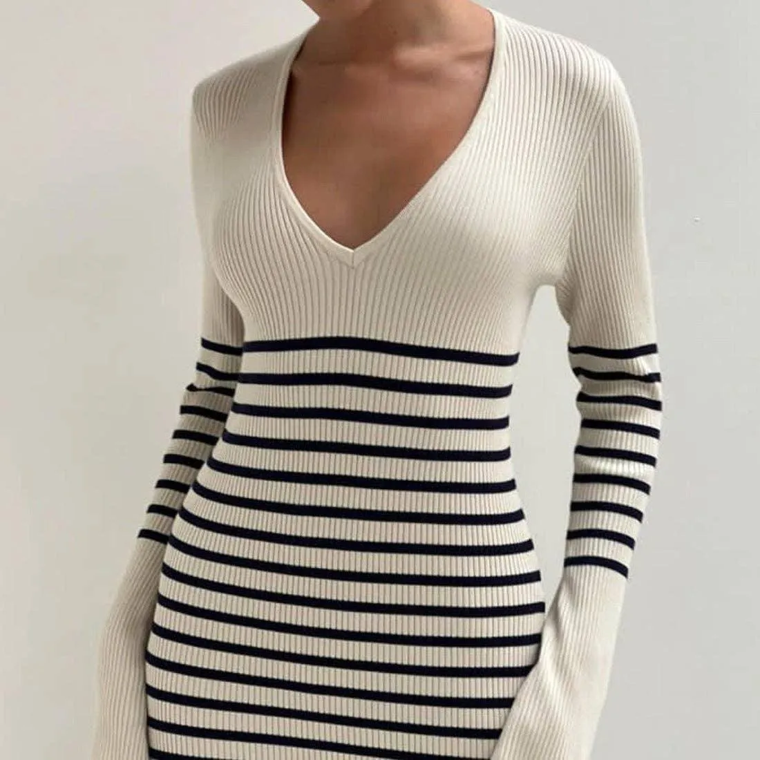 Stripe V-Neck Slim-Fitting Long Sleeves Knit Dress 1370