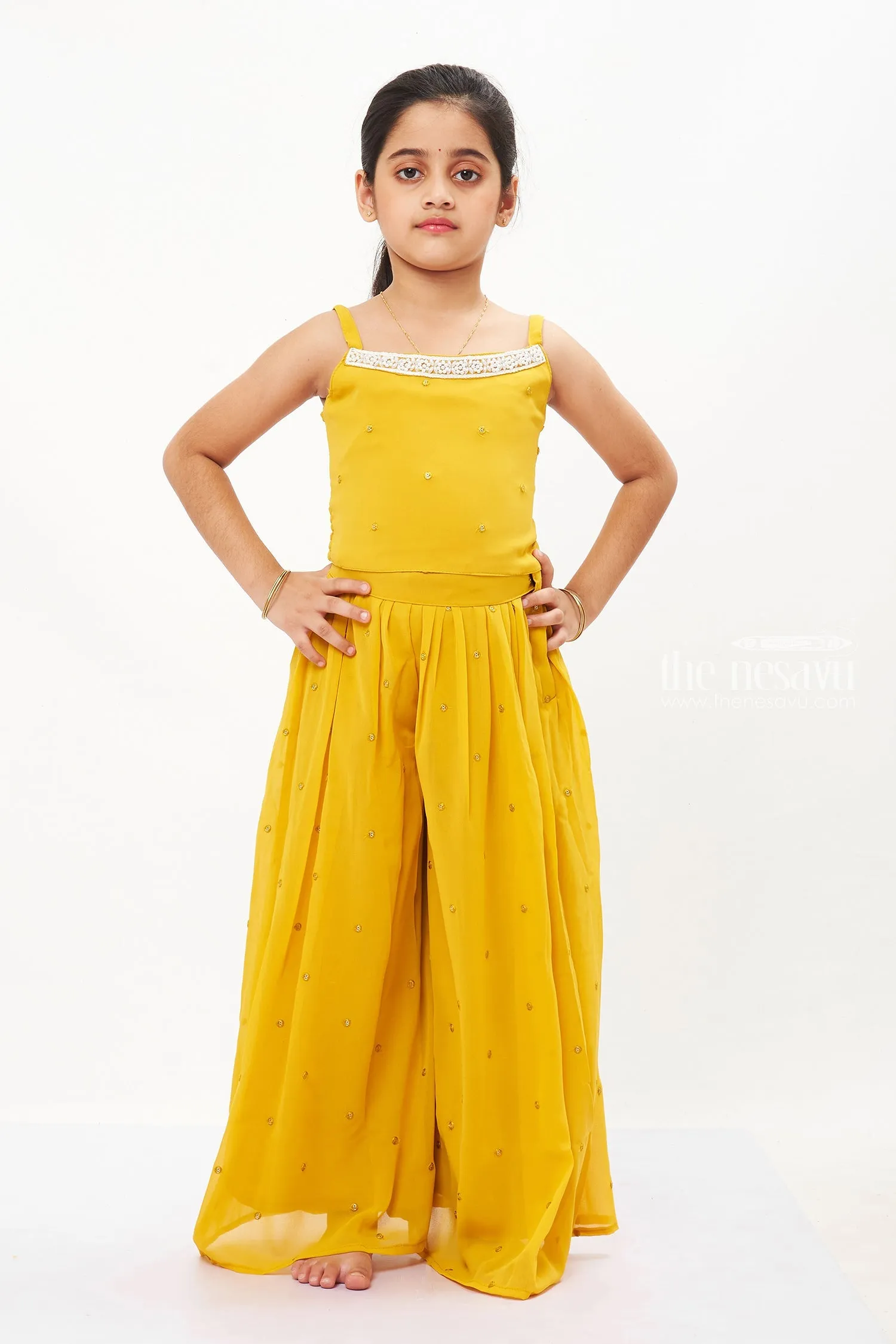 Sunny Elegance: Girls' Vibrant Yellow Kurti and Palazzo Set