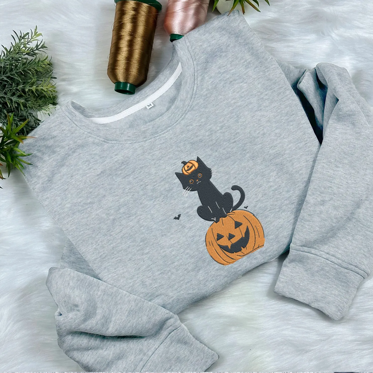 Teesdily | Halloween Embroidered Black Cat Pumpkin Shirt, Embroidery Halloween Pumpkin Embroidered Sweatshirt, Happy Halloween Holiday, Cat Lover Gift