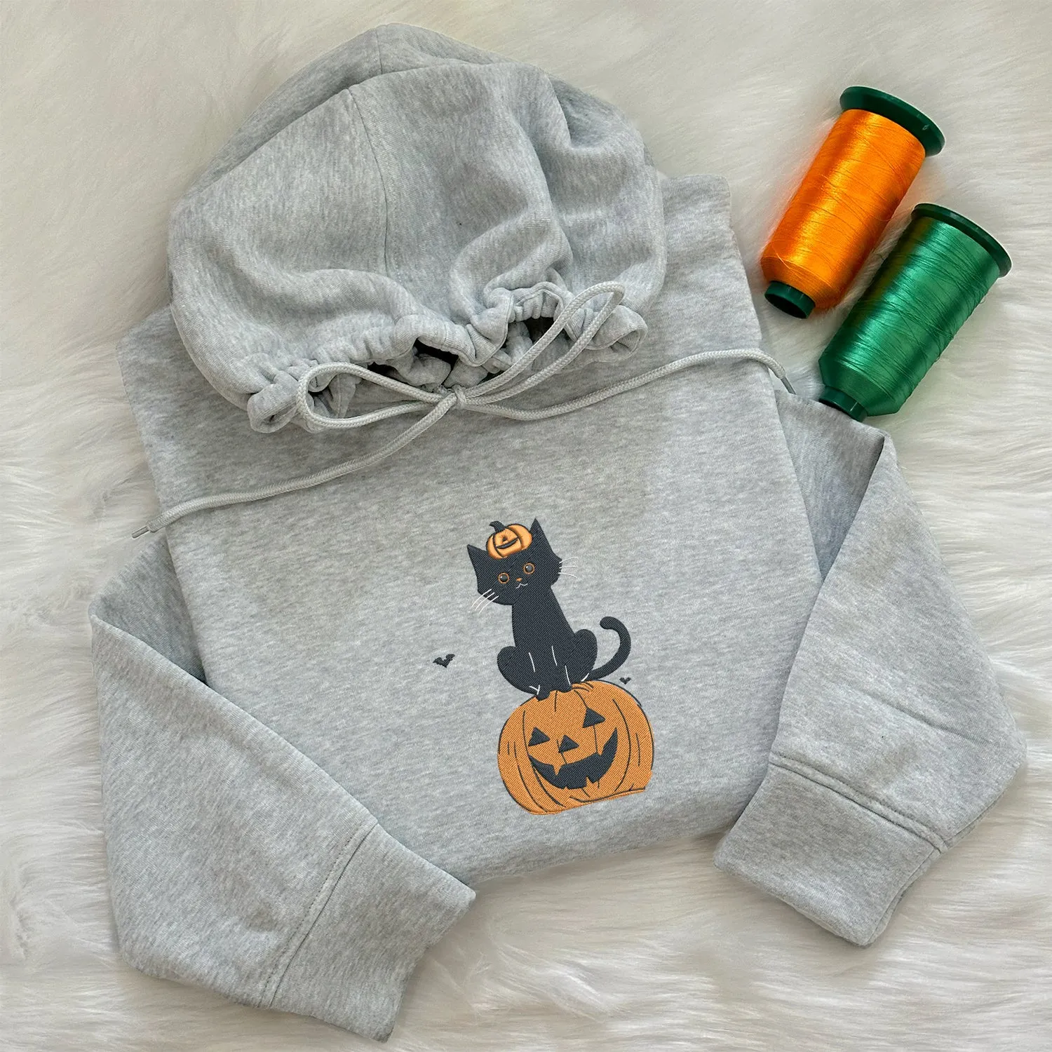 Teesdily | Halloween Embroidered Black Cat Pumpkin Shirt, Embroidery Halloween Pumpkin Embroidered Sweatshirt, Happy Halloween Holiday, Cat Lover Gift