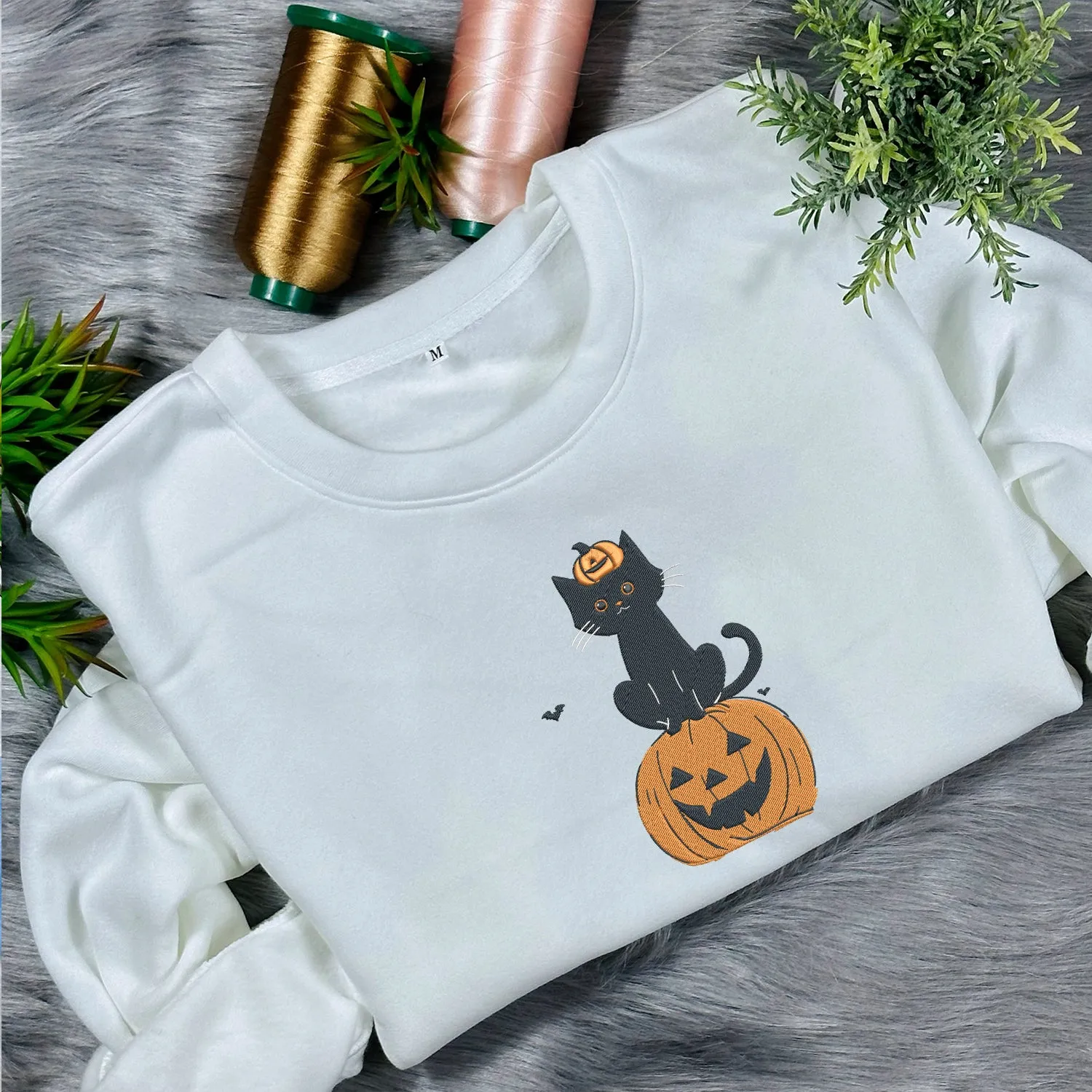 Teesdily | Halloween Embroidered Black Cat Pumpkin Shirt, Embroidery Halloween Pumpkin Embroidered Sweatshirt, Happy Halloween Holiday, Cat Lover Gift