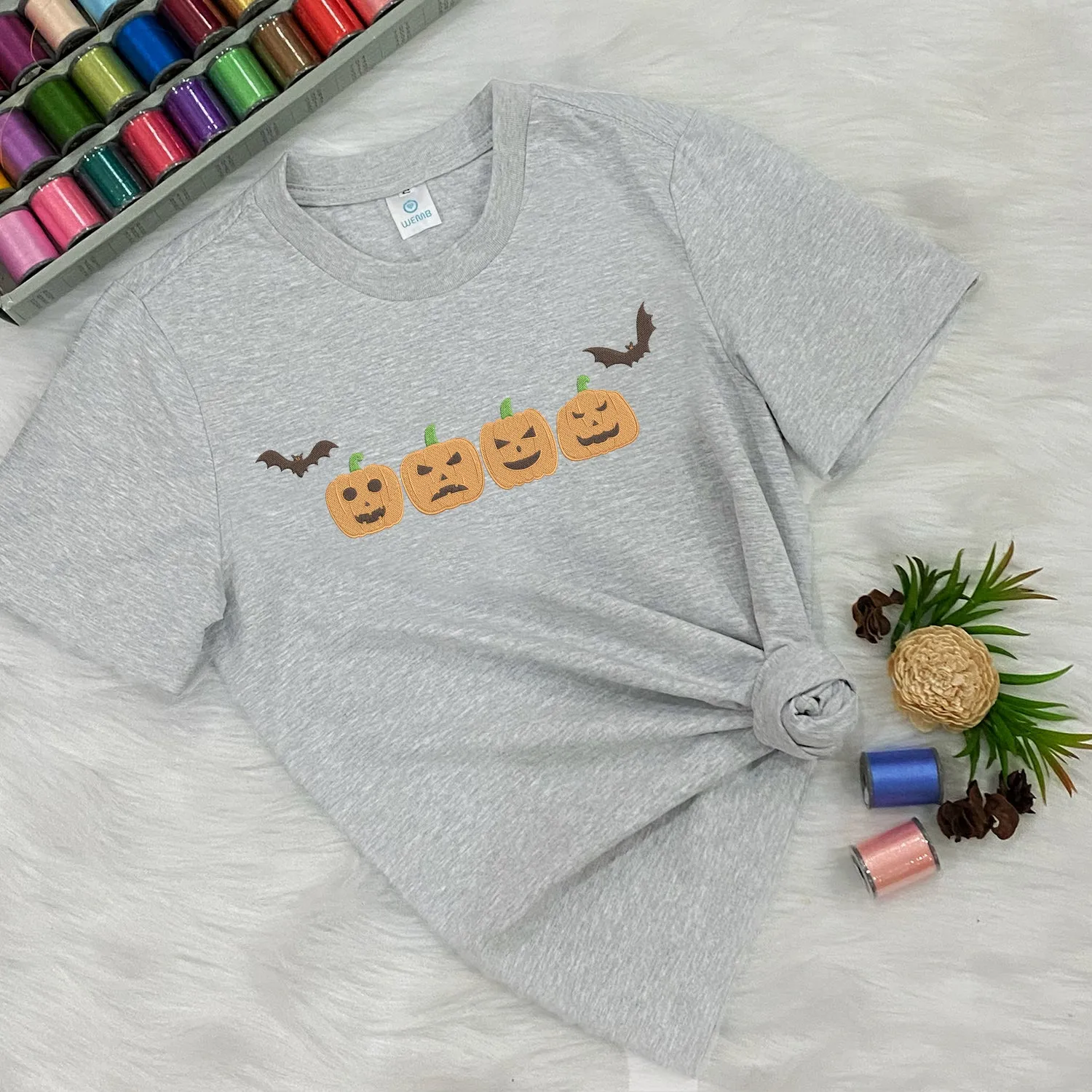 Teesdily | Halloween Pumpkin Embroidered Shirt, Embroidered Fall Sweatshirt, Spooky Season Pumpkin Halloween Embroidery T-shirt, Halloween Gifts