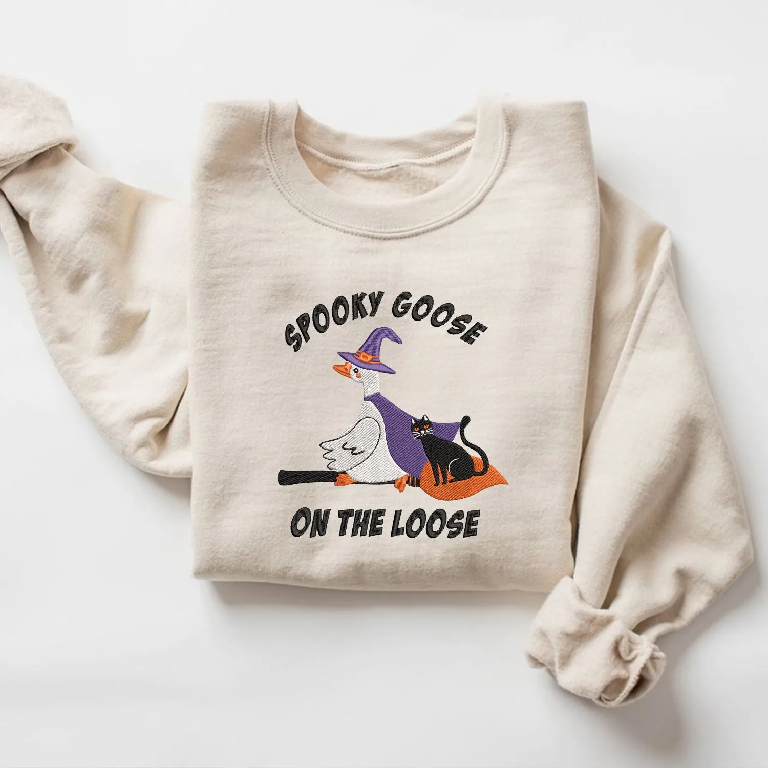 Teesdily | Halloween Witch Goose Embroidered Shirt, Spooky Goose On The Loose Sweatshirt Embroidery, Funny Goose And Black Cat Halloween Shirt Gift