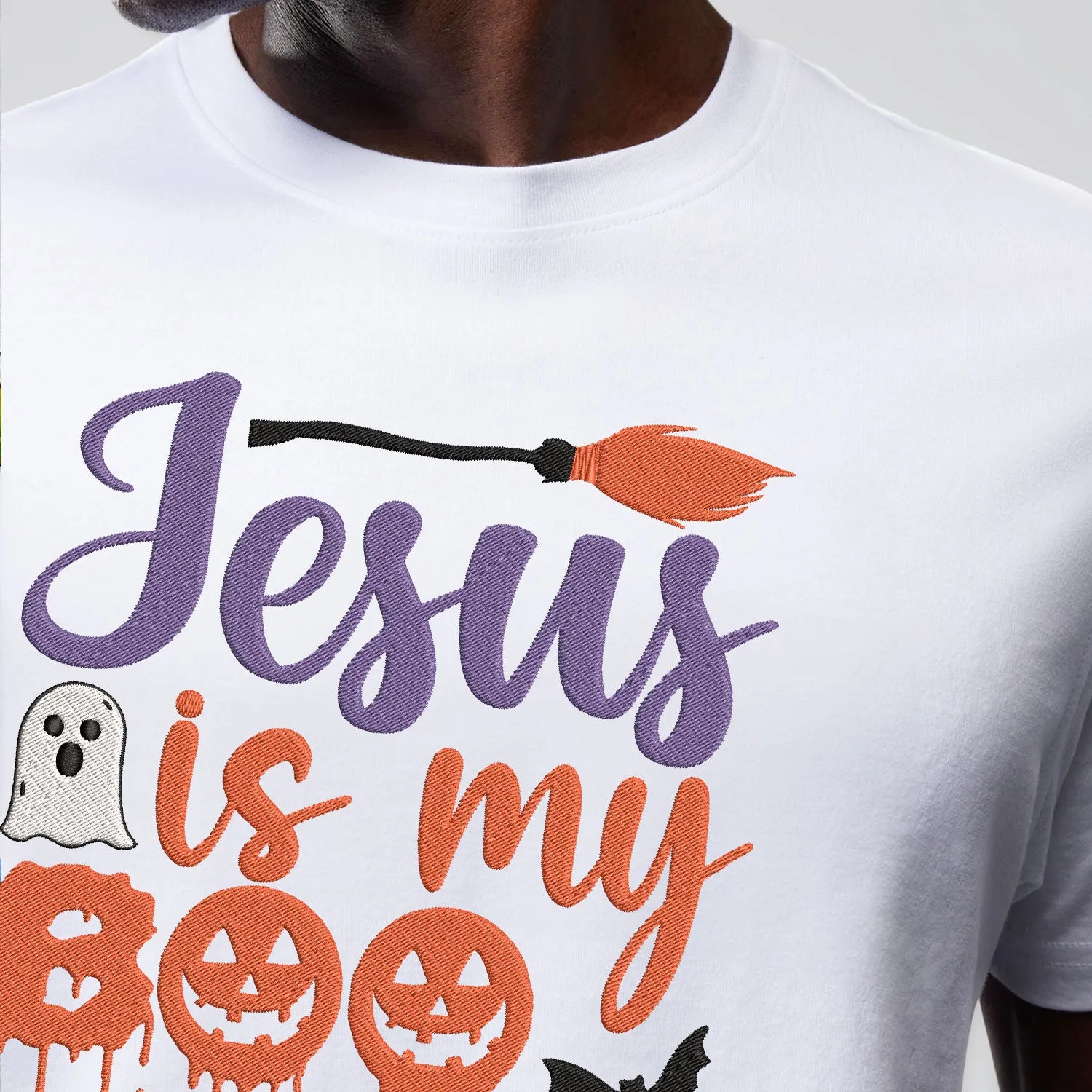 Teesdily | Jesus Is My Boo Embroidered Shirt, Christian Halloween Boo Spooky Ghost Bat Witch Embroidery Sweatshirt, Christian Fall Faith Shirt Gift