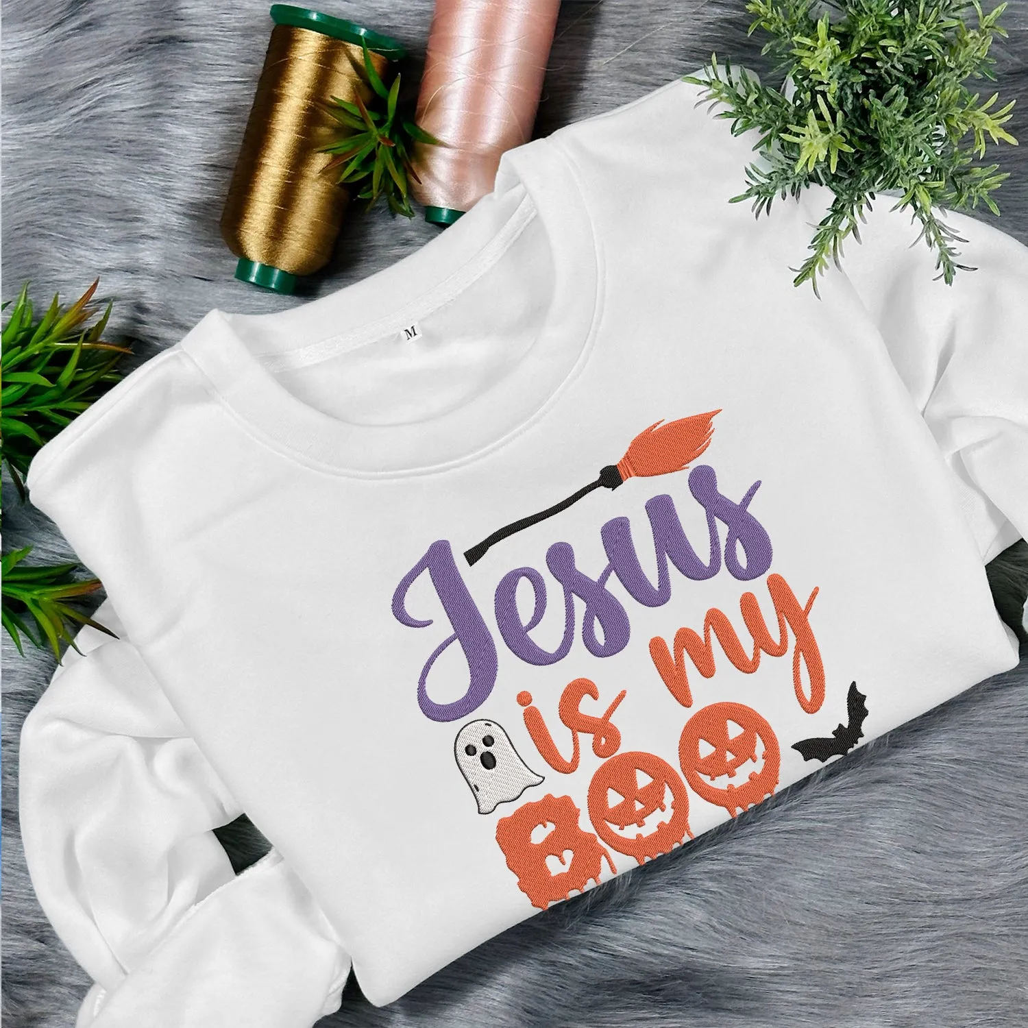 Teesdily | Jesus Is My Boo Embroidered Shirt, Christian Halloween Boo Spooky Ghost Bat Witch Embroidery Sweatshirt, Christian Fall Faith Shirt Gift