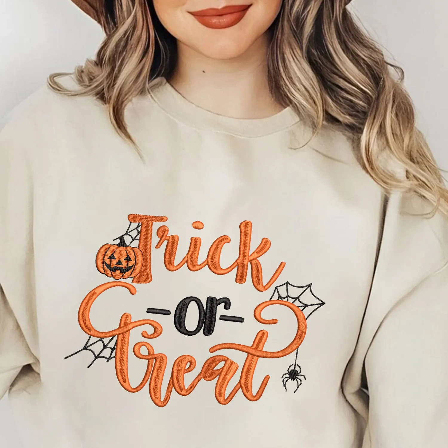 Teesdily | Pumpkin Trick Or Treat Embroidery Shirt, Halloween Pumpkin Embroidered Sweatshirt, Pumpkin Spiderweb Halloween Shirt, Holiday Outfit Gift