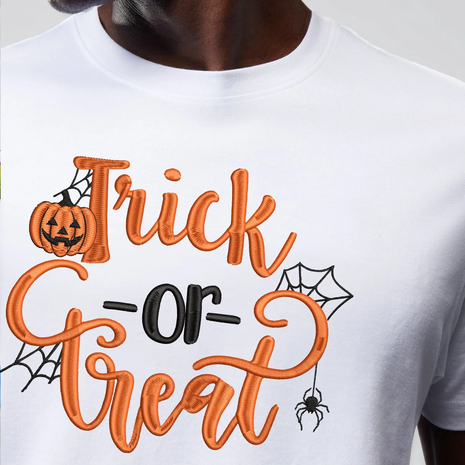 Teesdily | Pumpkin Trick Or Treat Embroidery Shirt, Halloween Pumpkin Embroidered Sweatshirt, Pumpkin Spiderweb Halloween Shirt, Holiday Outfit Gift