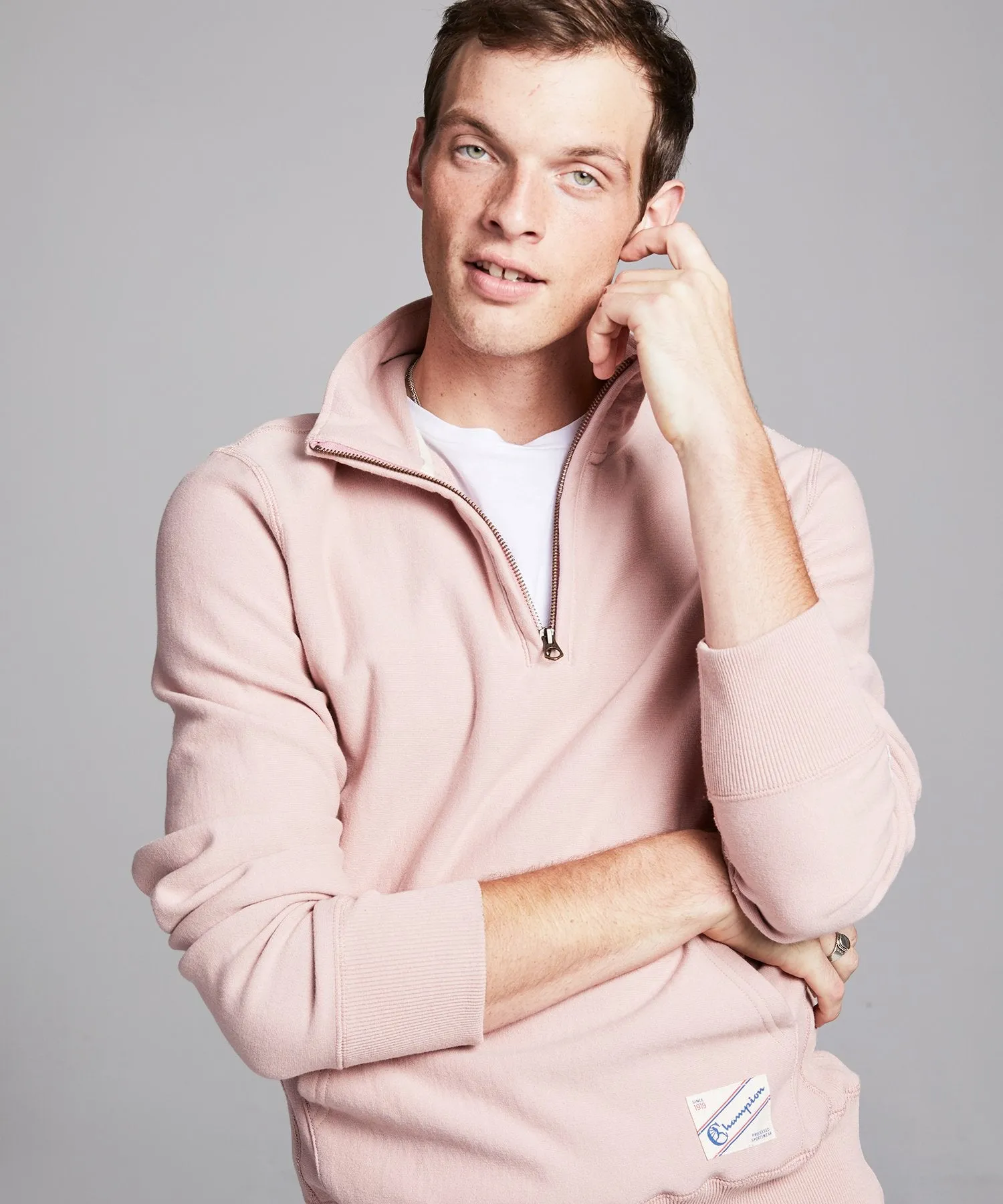 Terry Quarter Zip Reverse Weave Sweatshirt in Desert Rose