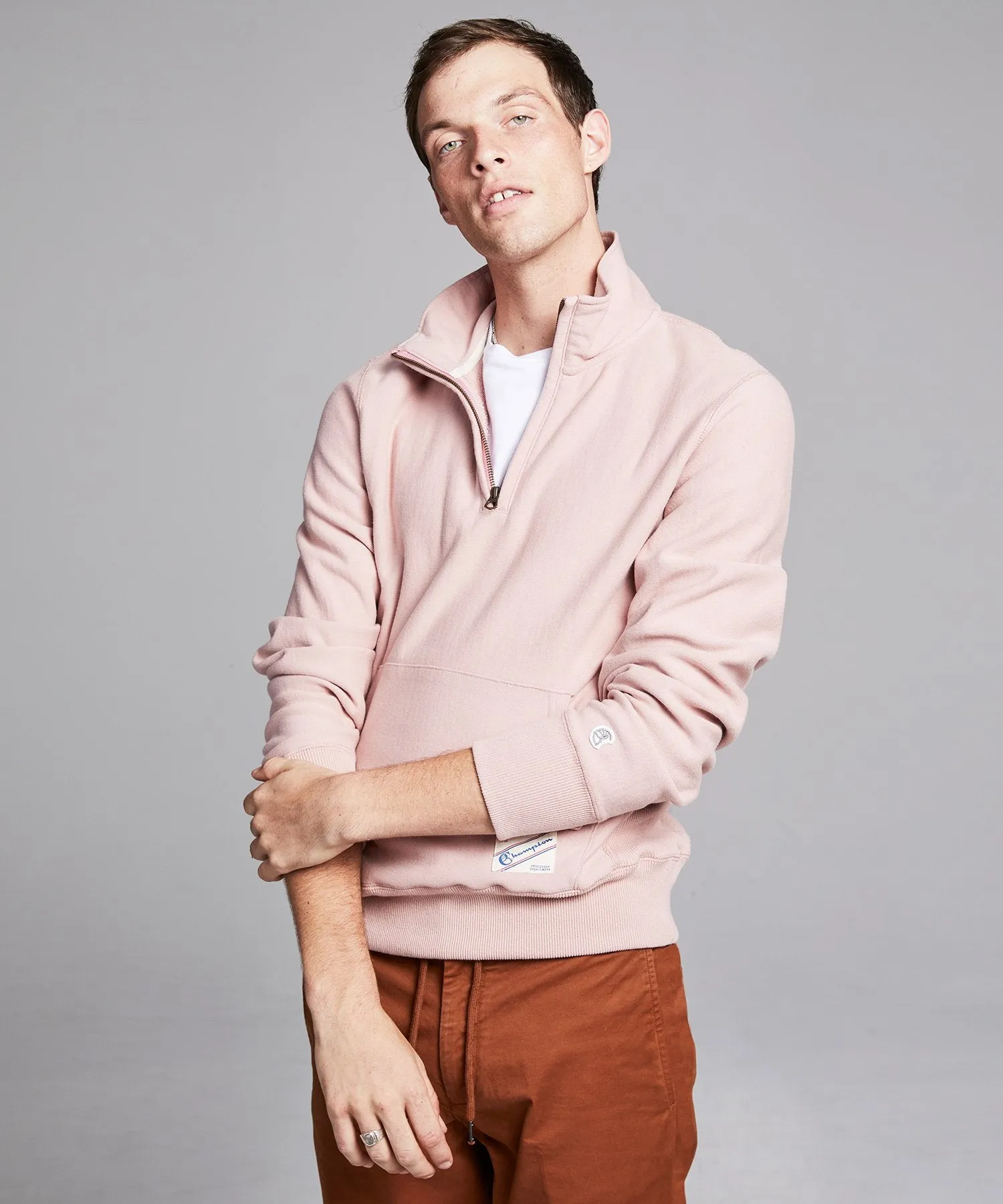 Terry Quarter Zip Reverse Weave Sweatshirt in Desert Rose