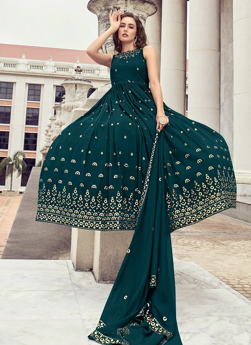 Turquoise Sequence Embroidery Wedding Anarkali Gown