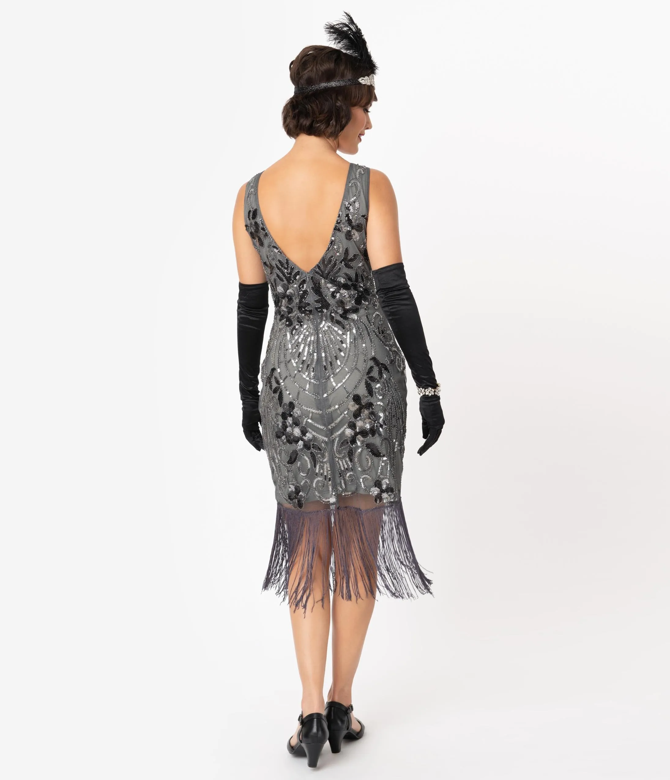 Unique Vintage Charcoal Grey Sequin Alix Fringe Flapper Dress