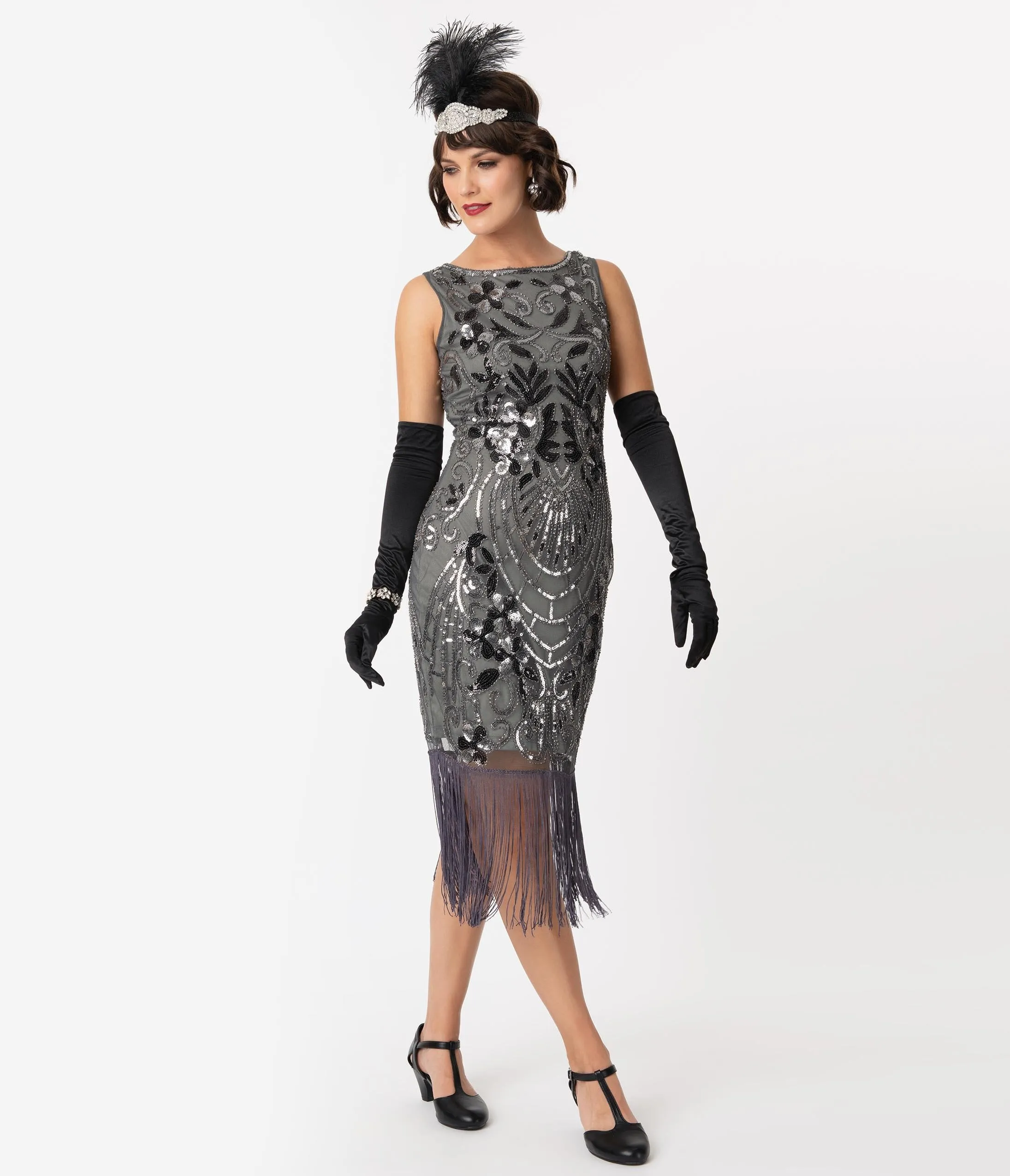 Unique Vintage Charcoal Grey Sequin Alix Fringe Flapper Dress