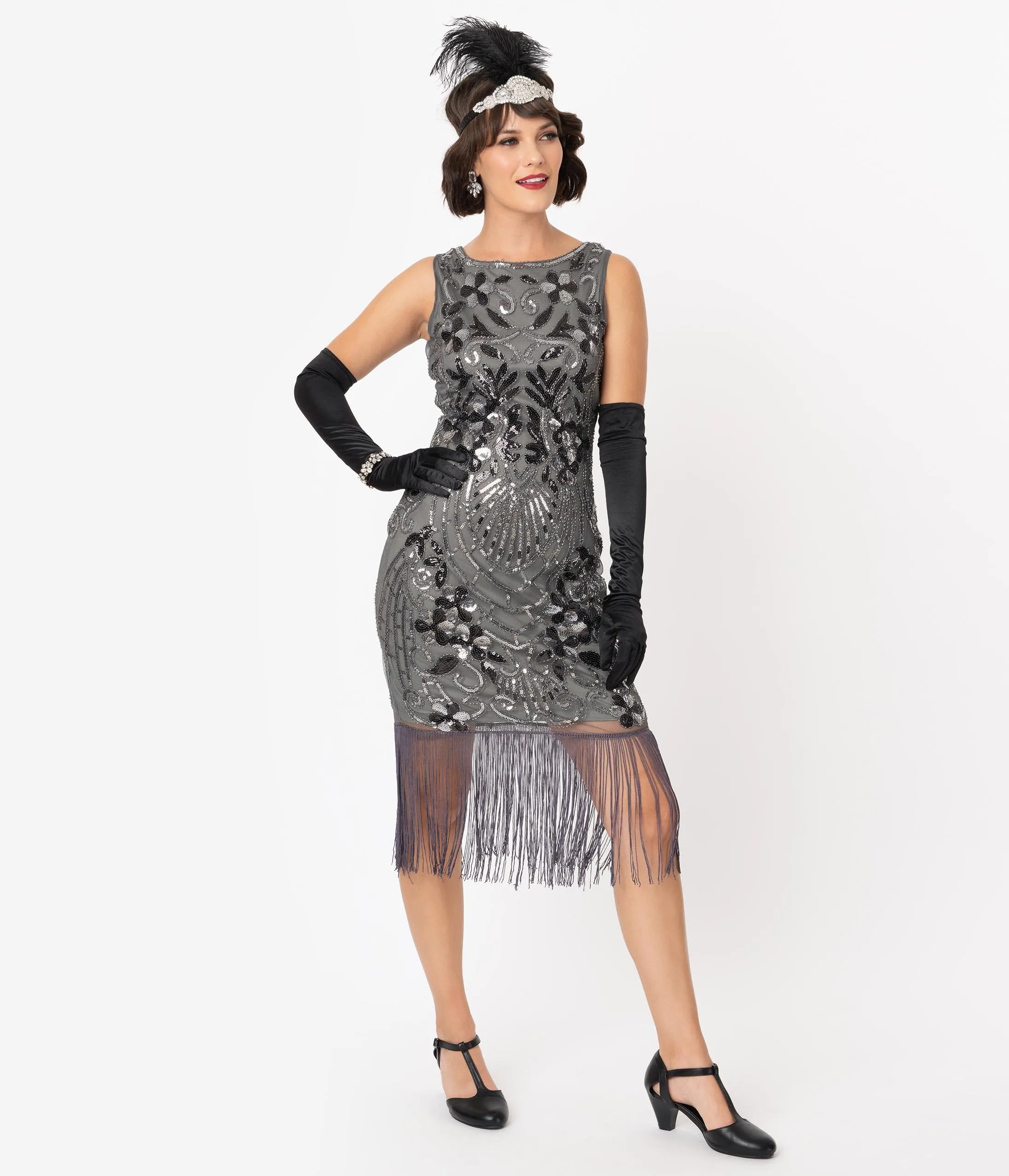 Unique Vintage Charcoal Grey Sequin Alix Fringe Flapper Dress