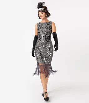 Unique Vintage Charcoal Grey Sequin Alix Fringe Flapper Dress