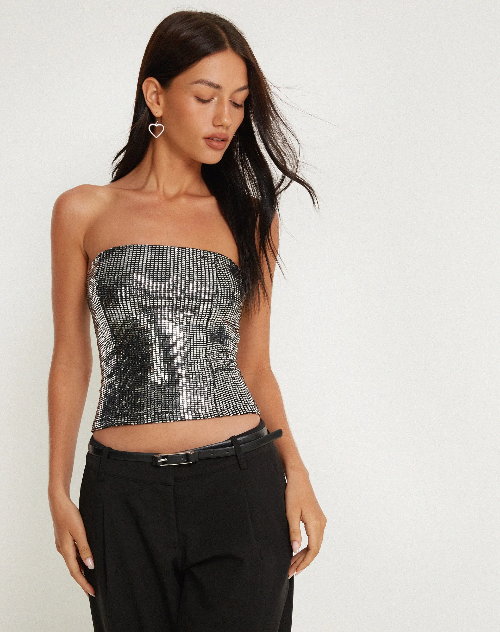 Urban X Motel Dena Bandeau Crop Top in Silver Shimmer