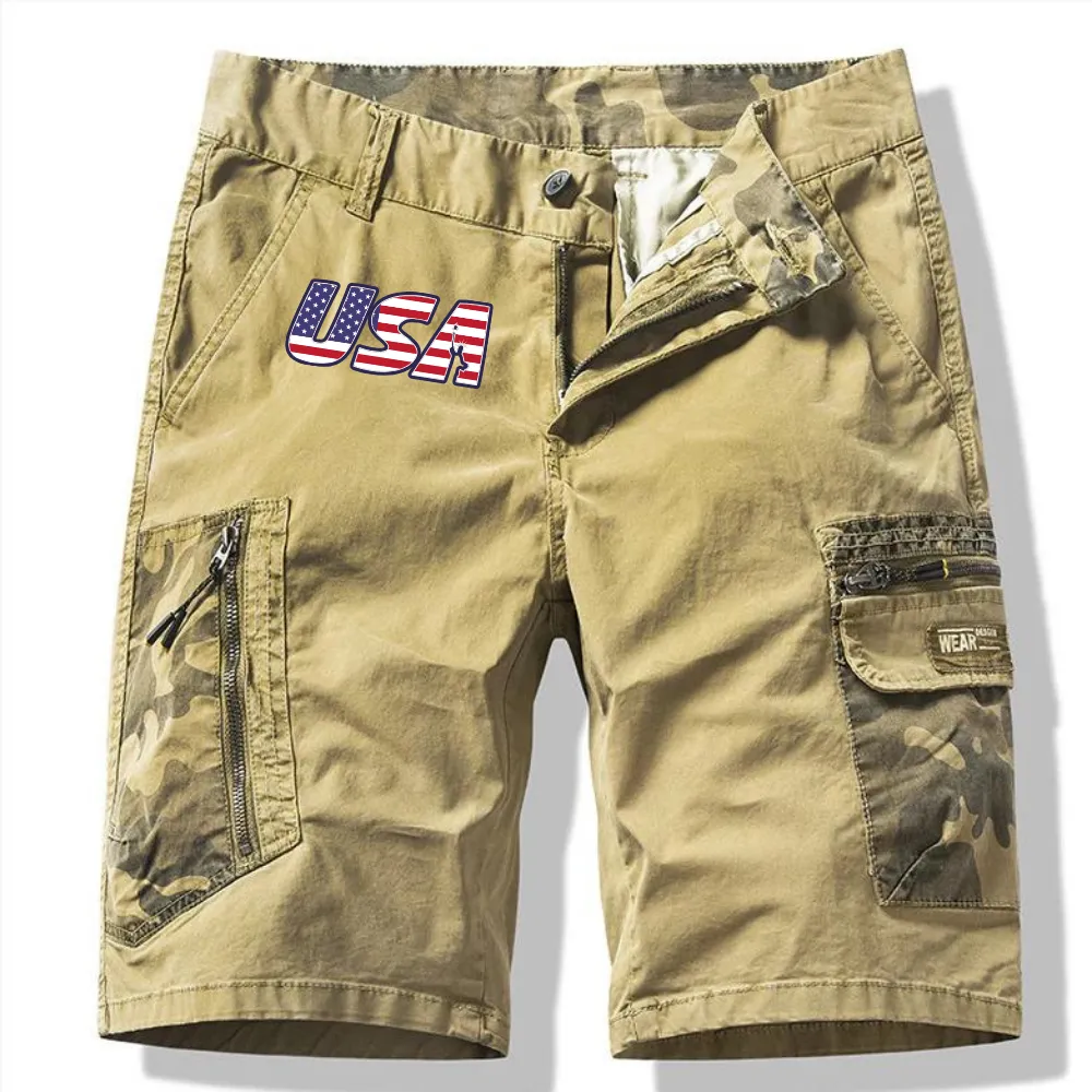 USA FLAG COTTON MEN'S LOOSE OVERSIZED MULTI POCKET MILITARY UNIFORM CARGO SHORTS