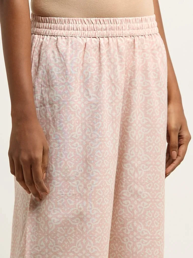 Utsa Pink Printed Blended Linen Wide-Leg Pants