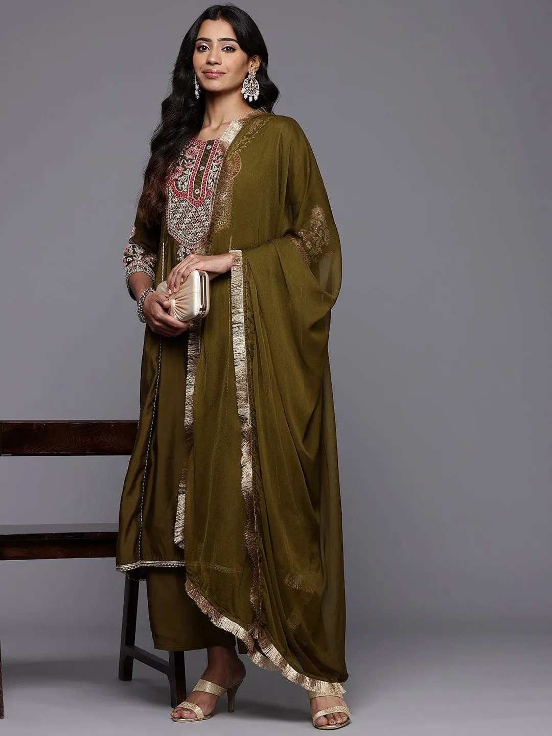 Varanga Women Olive Green Zari Embroidered Anarkali Kurta with Straight Pants and Fringed Dupatta.