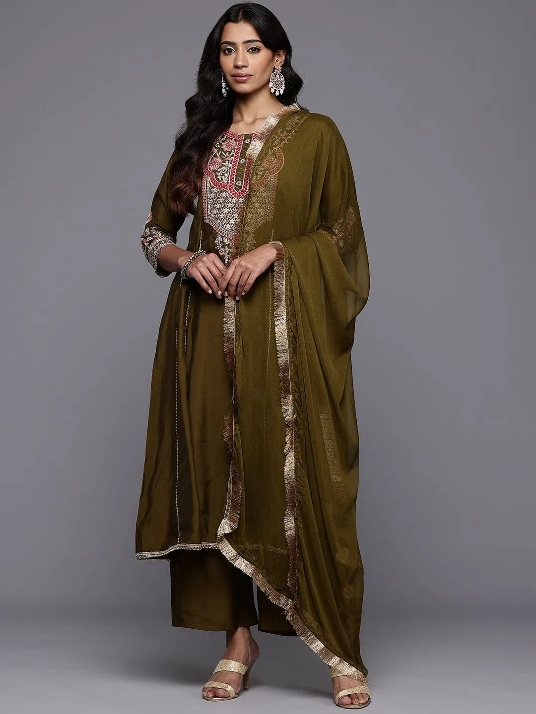 Varanga Women Olive Green Zari Embroidered Anarkali Kurta with Straight Pants and Fringed Dupatta.