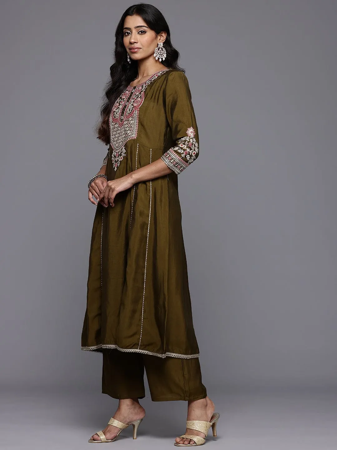 Varanga Women Olive Green Zari Embroidered Anarkali Kurta with Straight Pants and Fringed Dupatta.