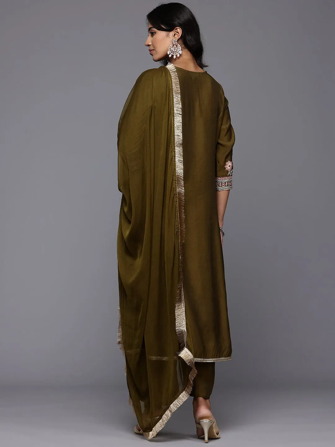 Varanga Women Olive Green Zari Embroidered Anarkali Kurta with Straight Pants and Fringed Dupatta.