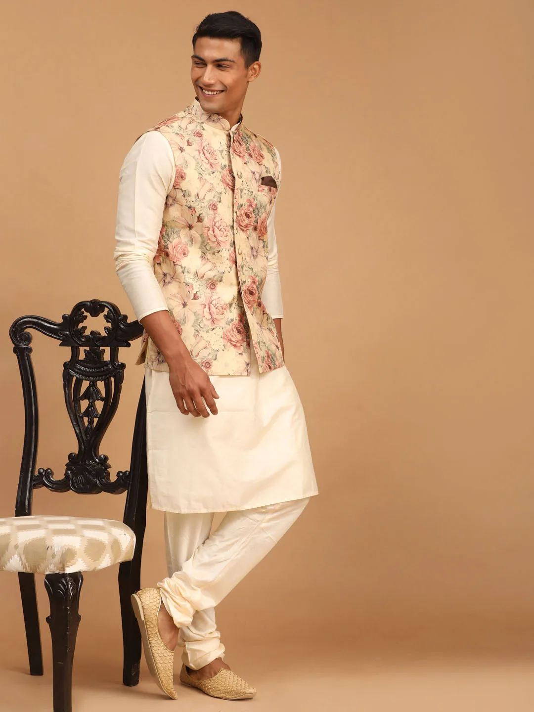 VASTRAMAY Beige Floral Nehru Jacket Set