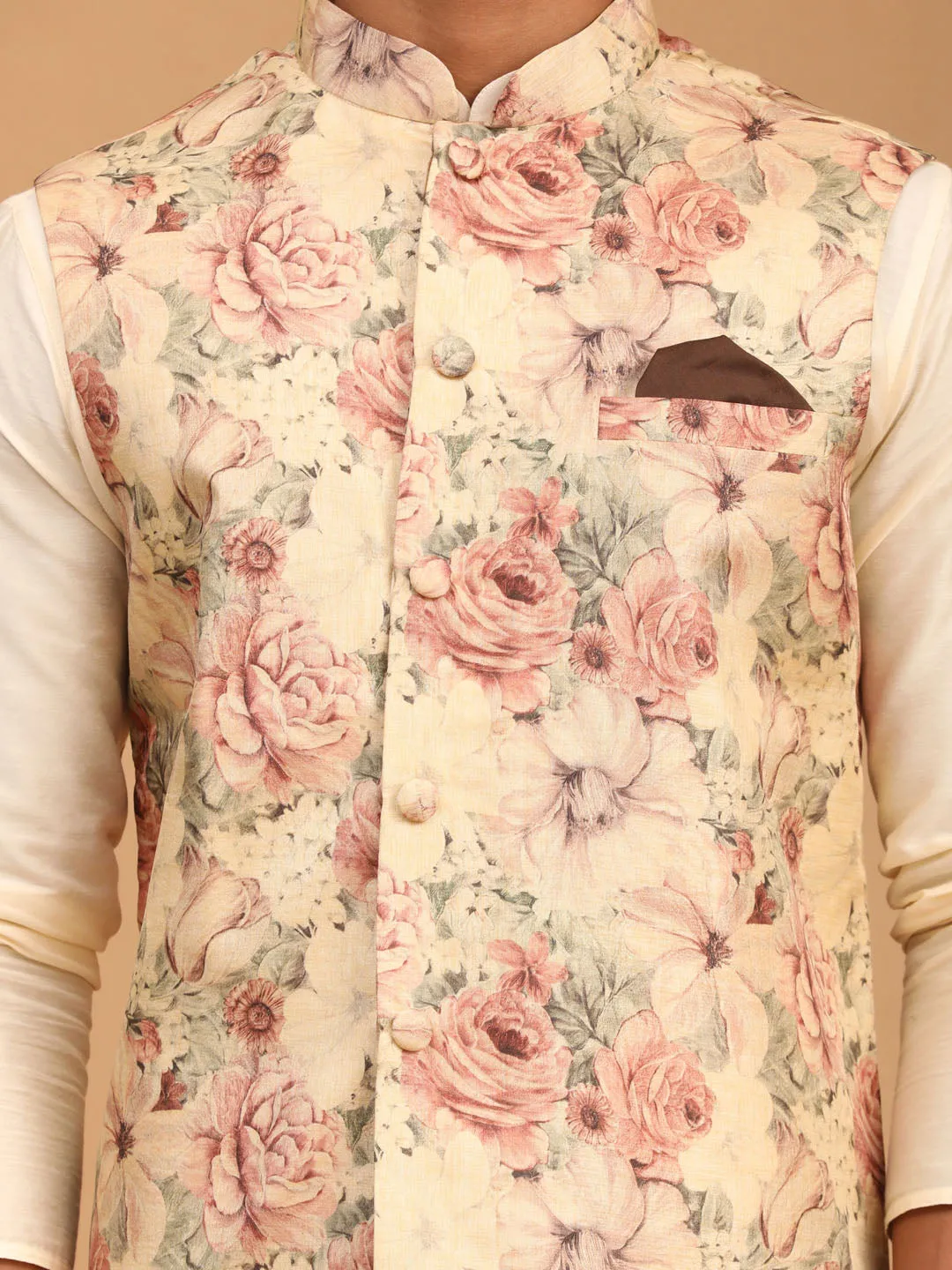 VASTRAMAY Beige Floral Nehru Jacket Set