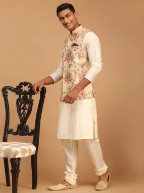 VASTRAMAY Beige Floral Nehru Jacket Set