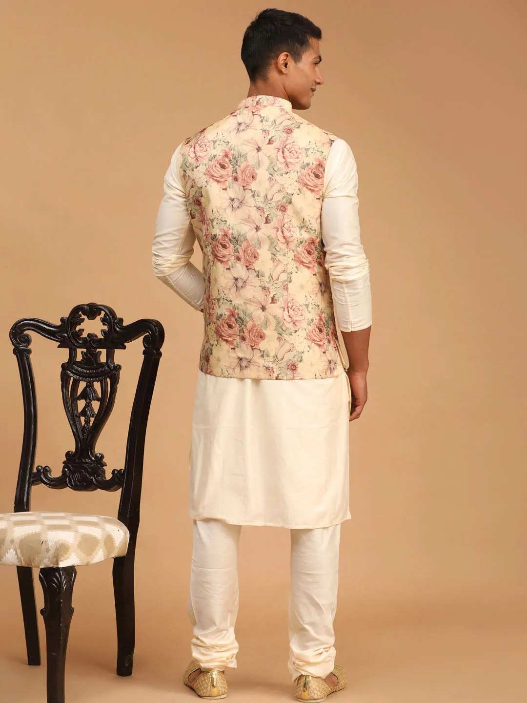 VASTRAMAY Beige Floral Nehru Jacket Set