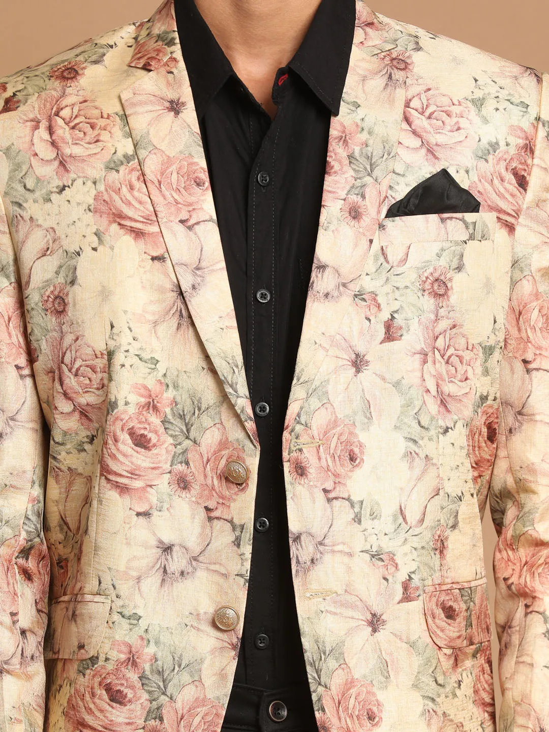 VASTRAMAY Beige Floral Print Silk Blazer