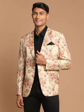 VASTRAMAY Beige Floral Print Silk Blazer