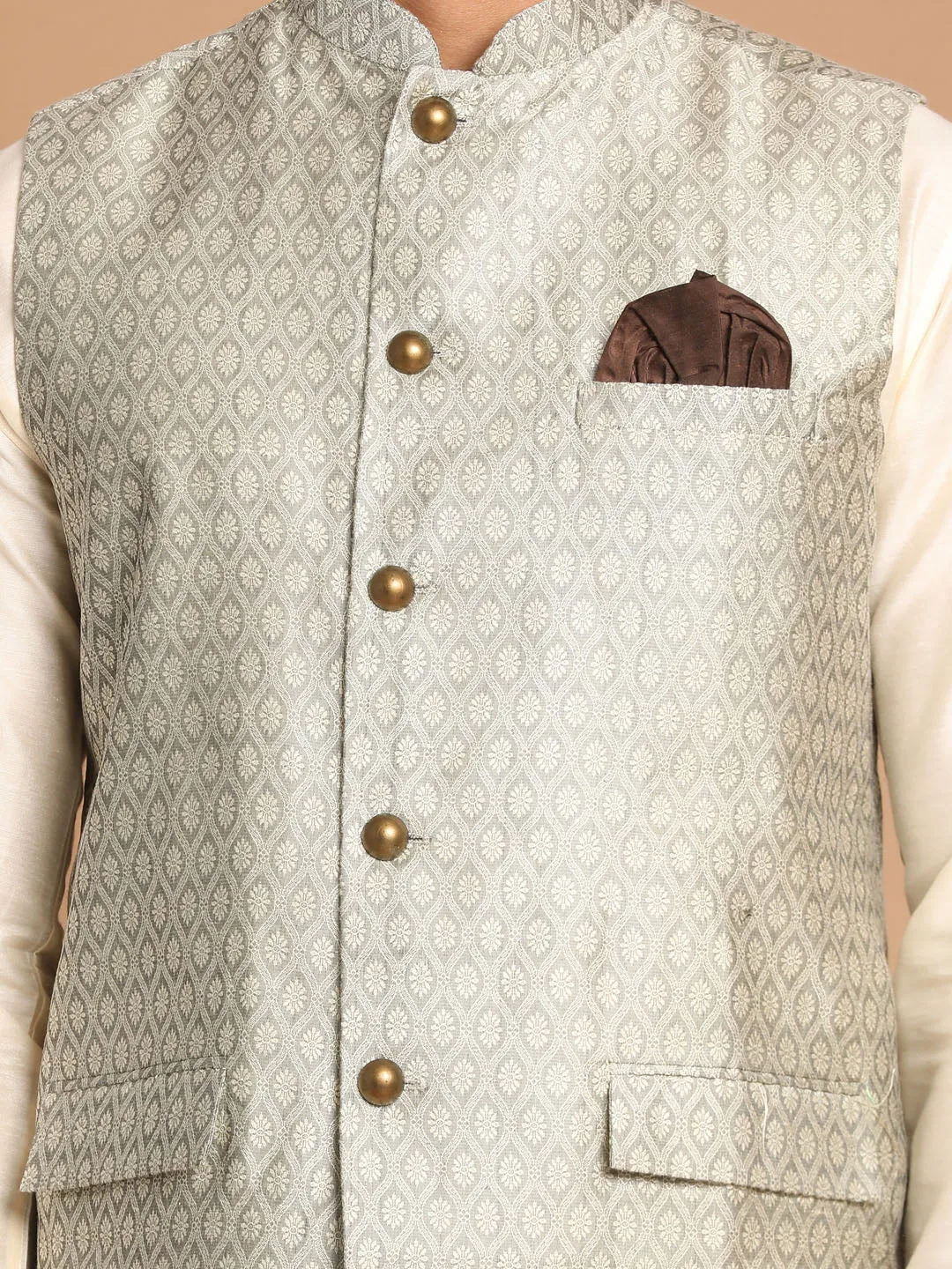 VASTRAMAY Beige Jacquard Nehru Jacket Set