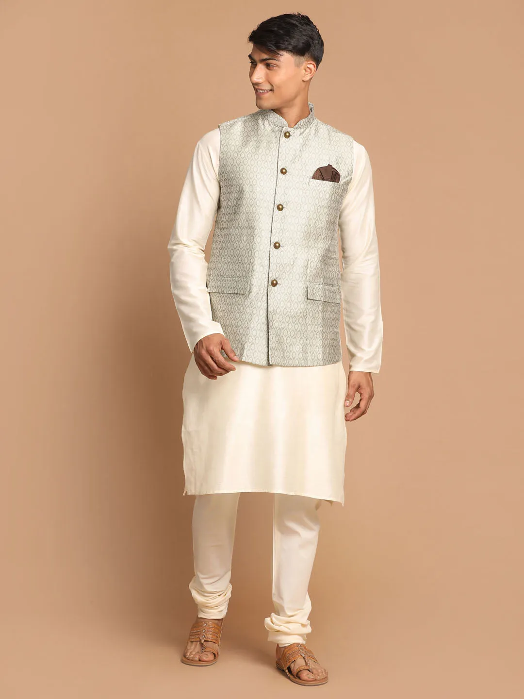 VASTRAMAY Beige Jacquard Nehru Jacket Set