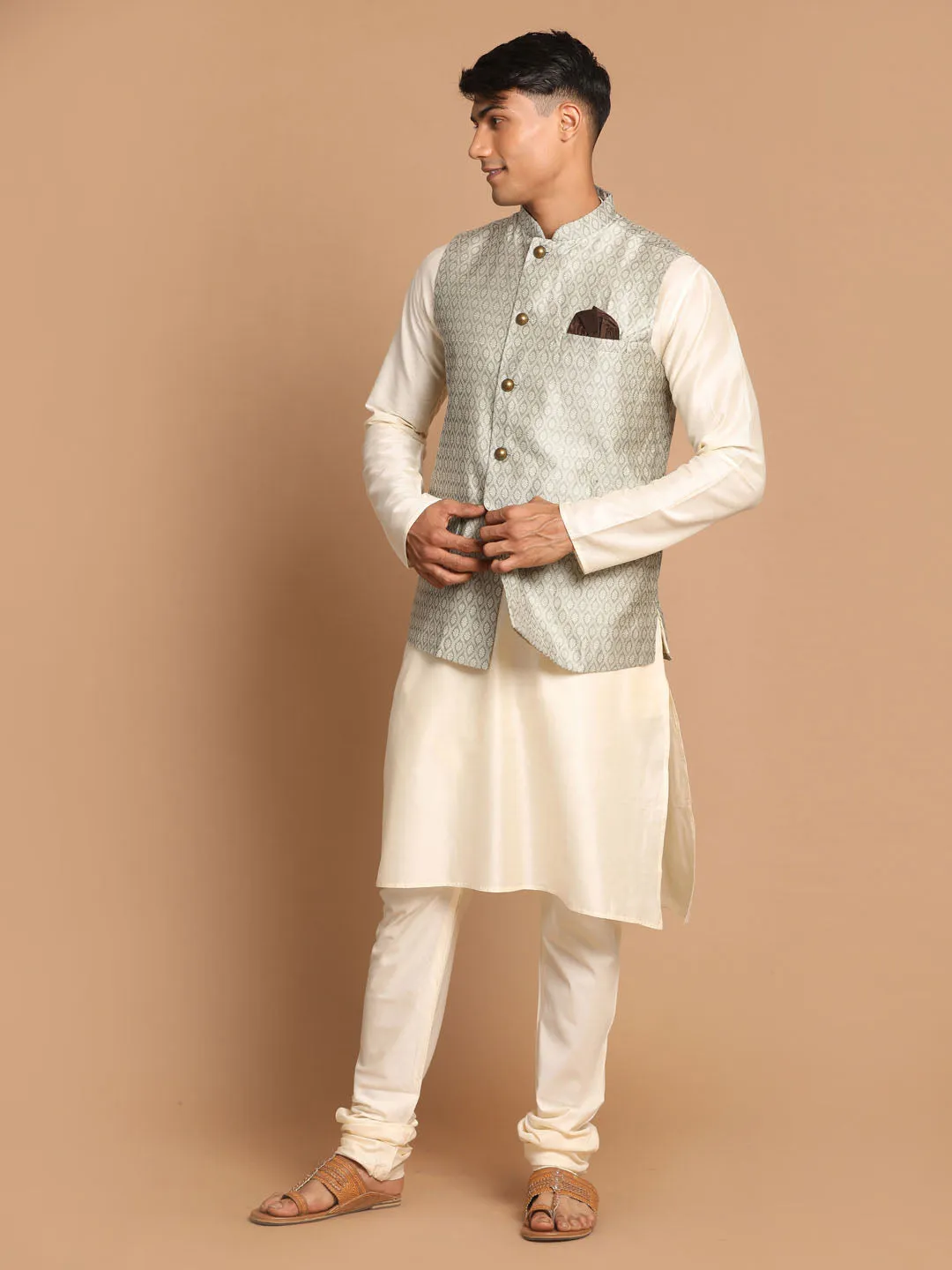 VASTRAMAY Beige Jacquard Nehru Jacket Set