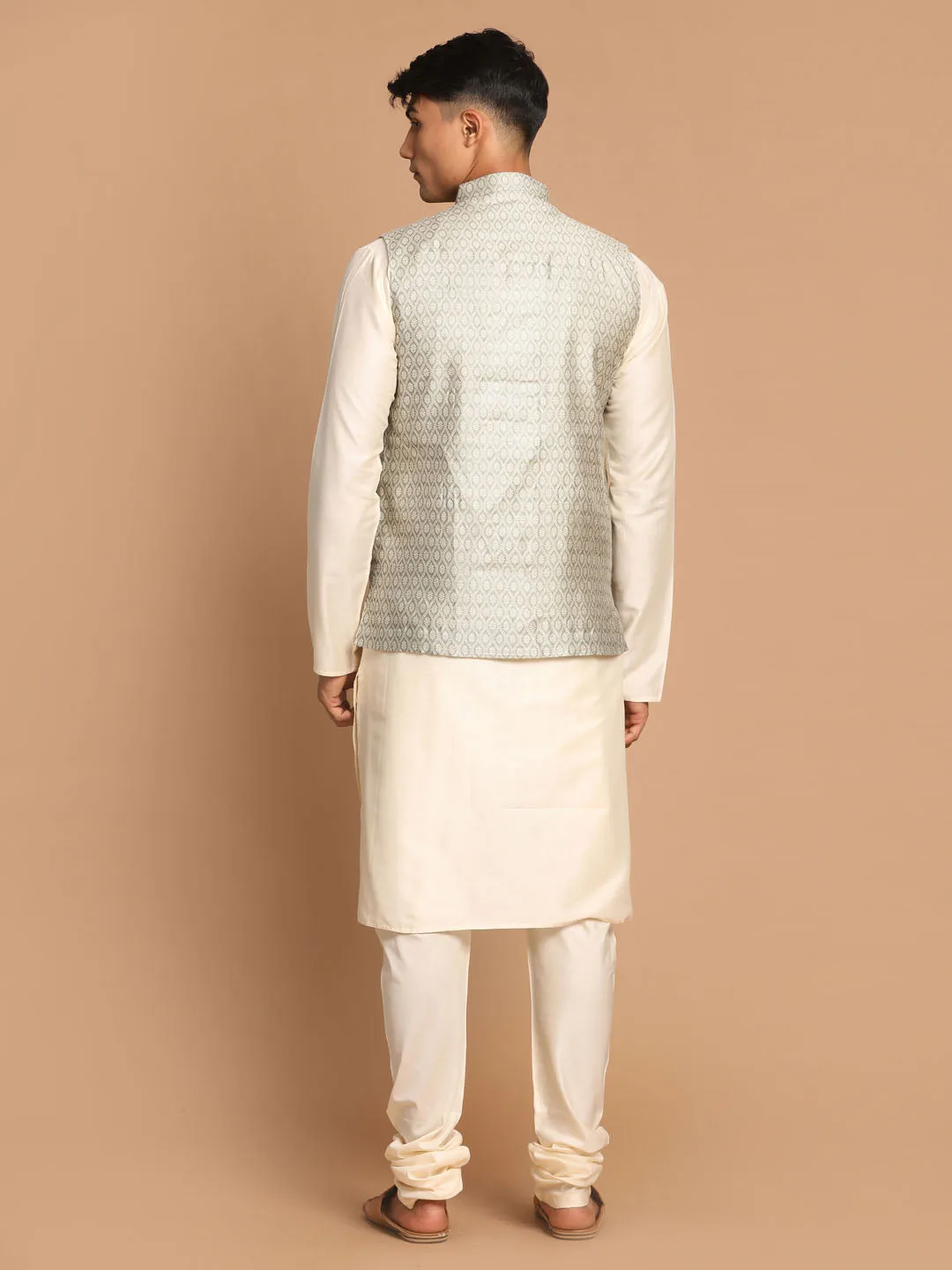 VASTRAMAY Beige Jacquard Nehru Jacket Set