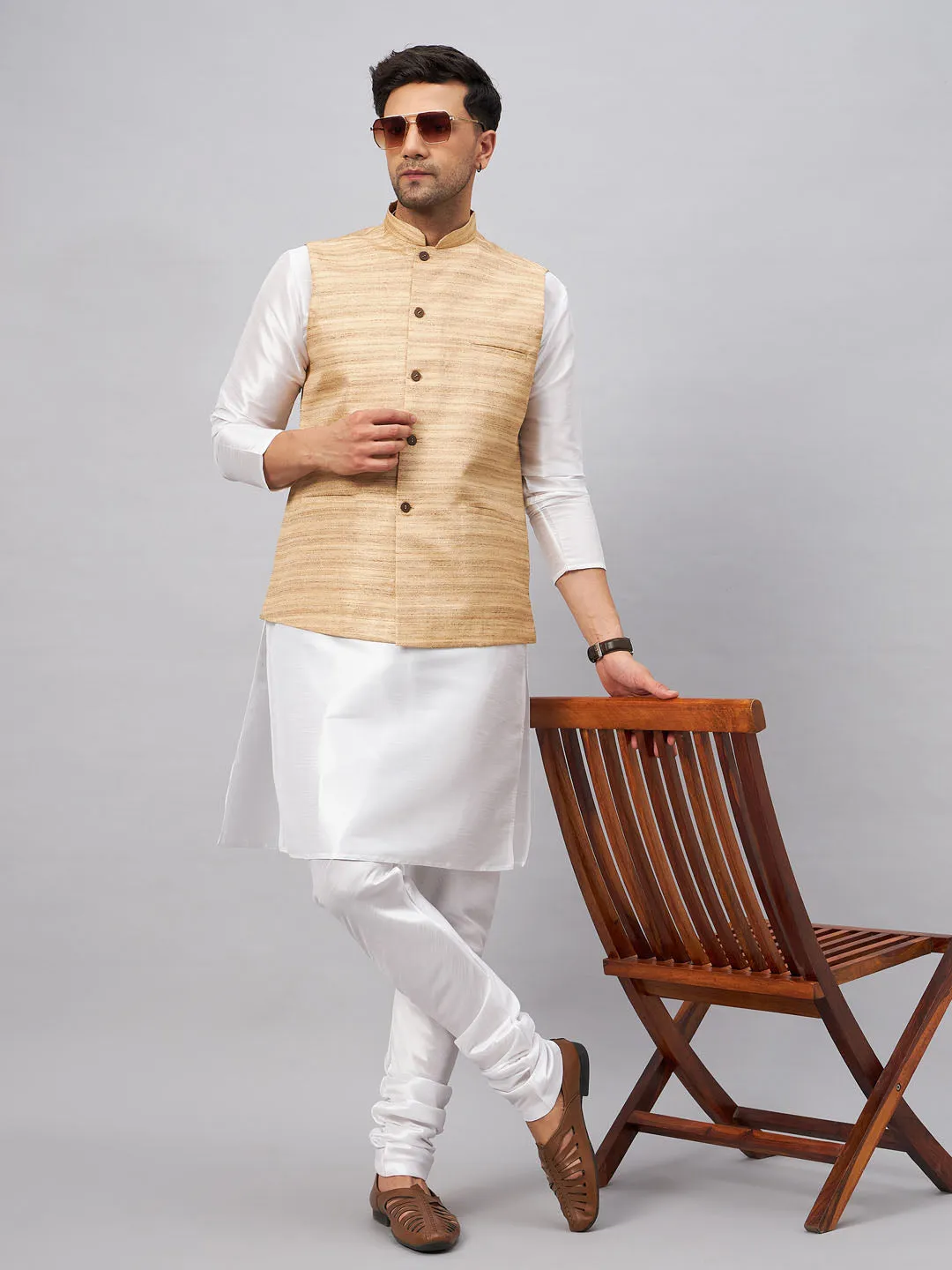 VASTRAMAY Beige Matka Silk Nehru Jacket