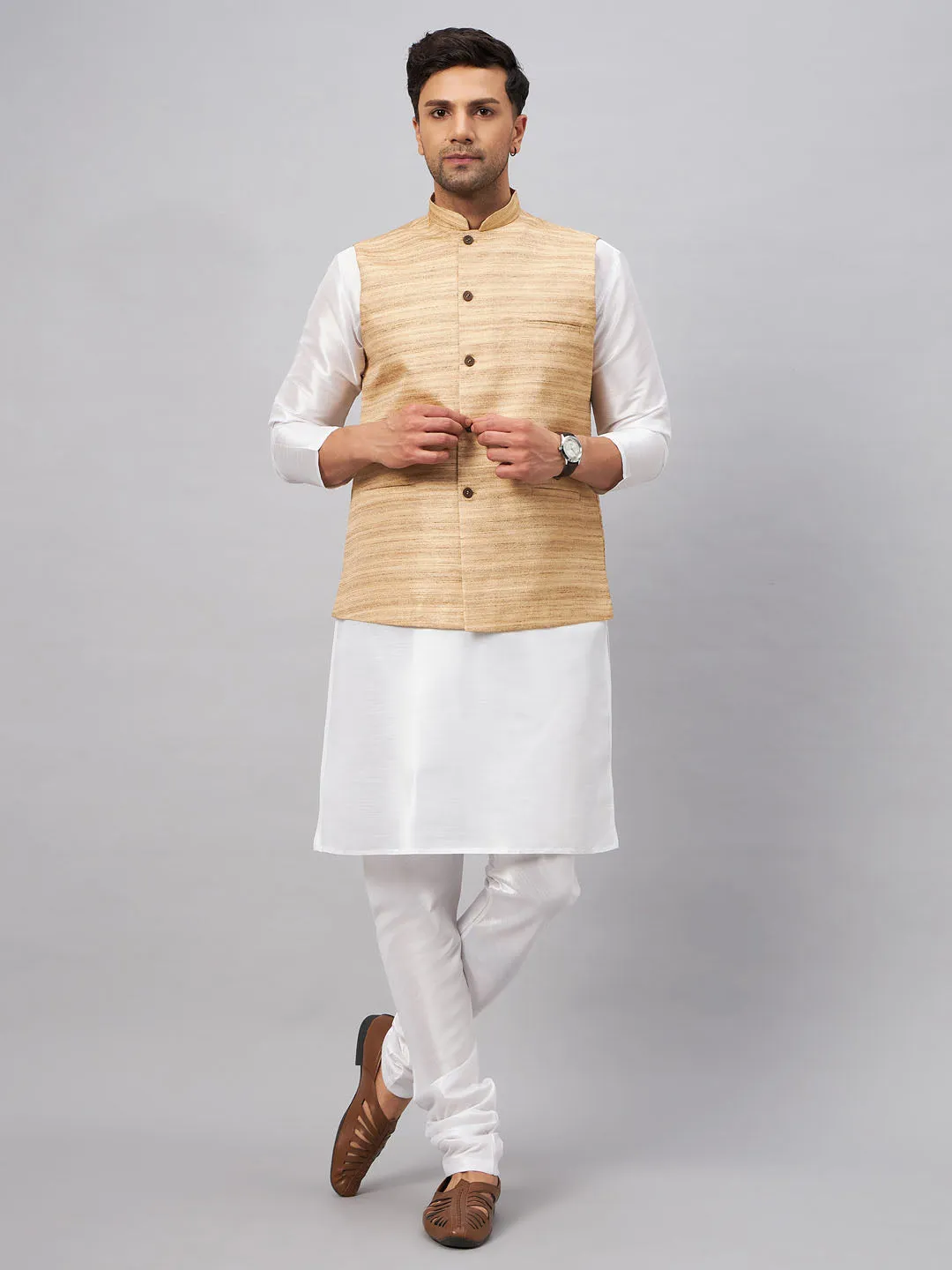 VASTRAMAY Beige Matka Silk Nehru Jacket