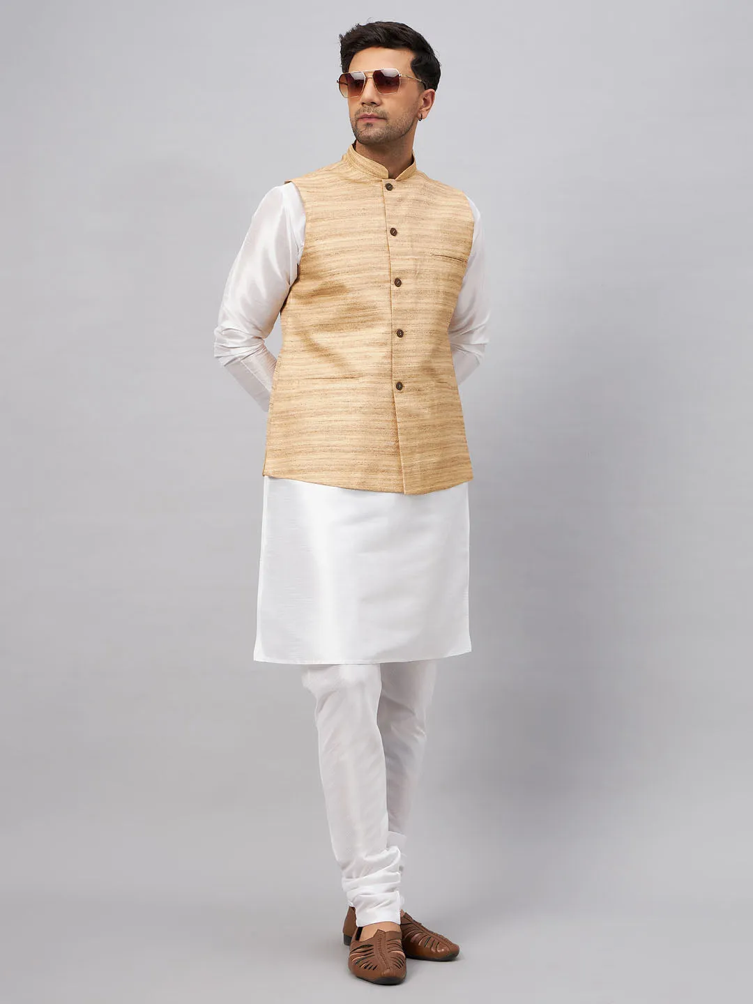 VASTRAMAY Beige Matka Silk Nehru Jacket