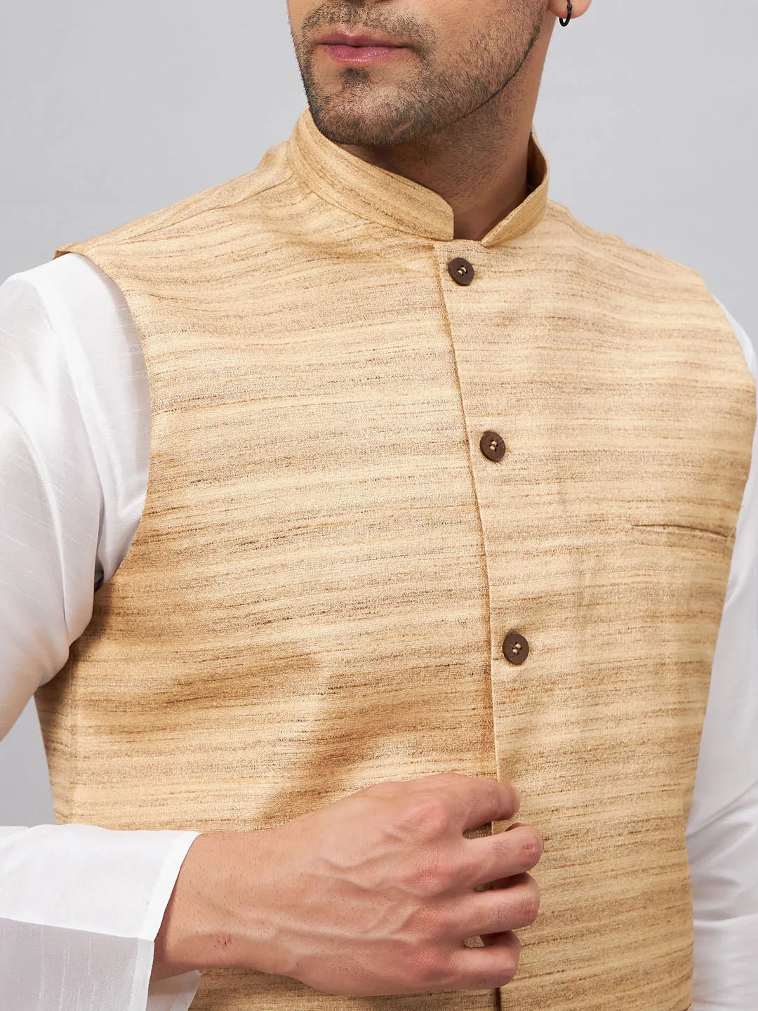 VASTRAMAY Beige Matka Silk Nehru Jacket