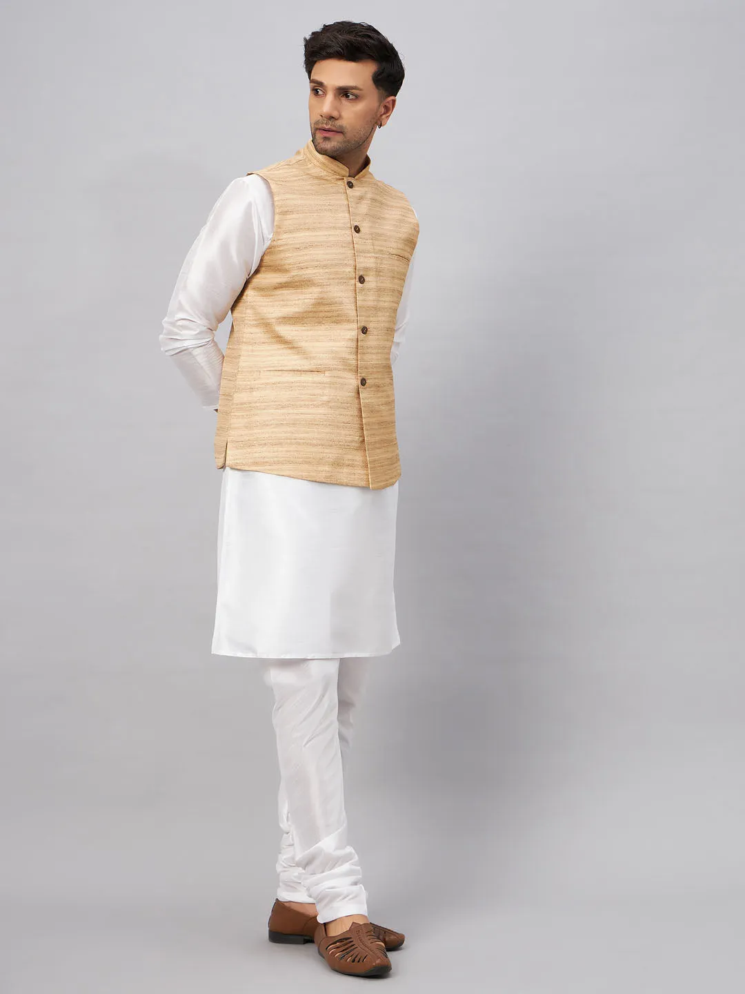 VASTRAMAY Beige Matka Silk Nehru Jacket