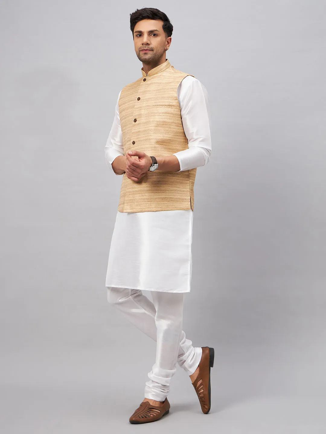 VASTRAMAY Beige Matka Silk Nehru Jacket