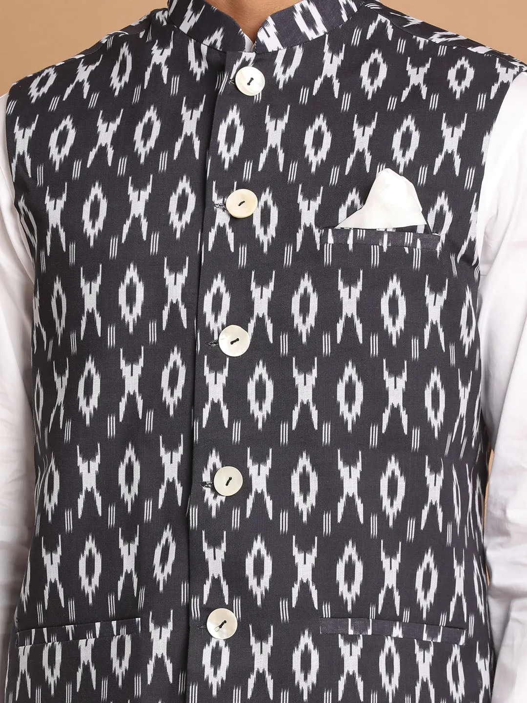 VASTRAMAY Black & White Nehru Jacket Kurta