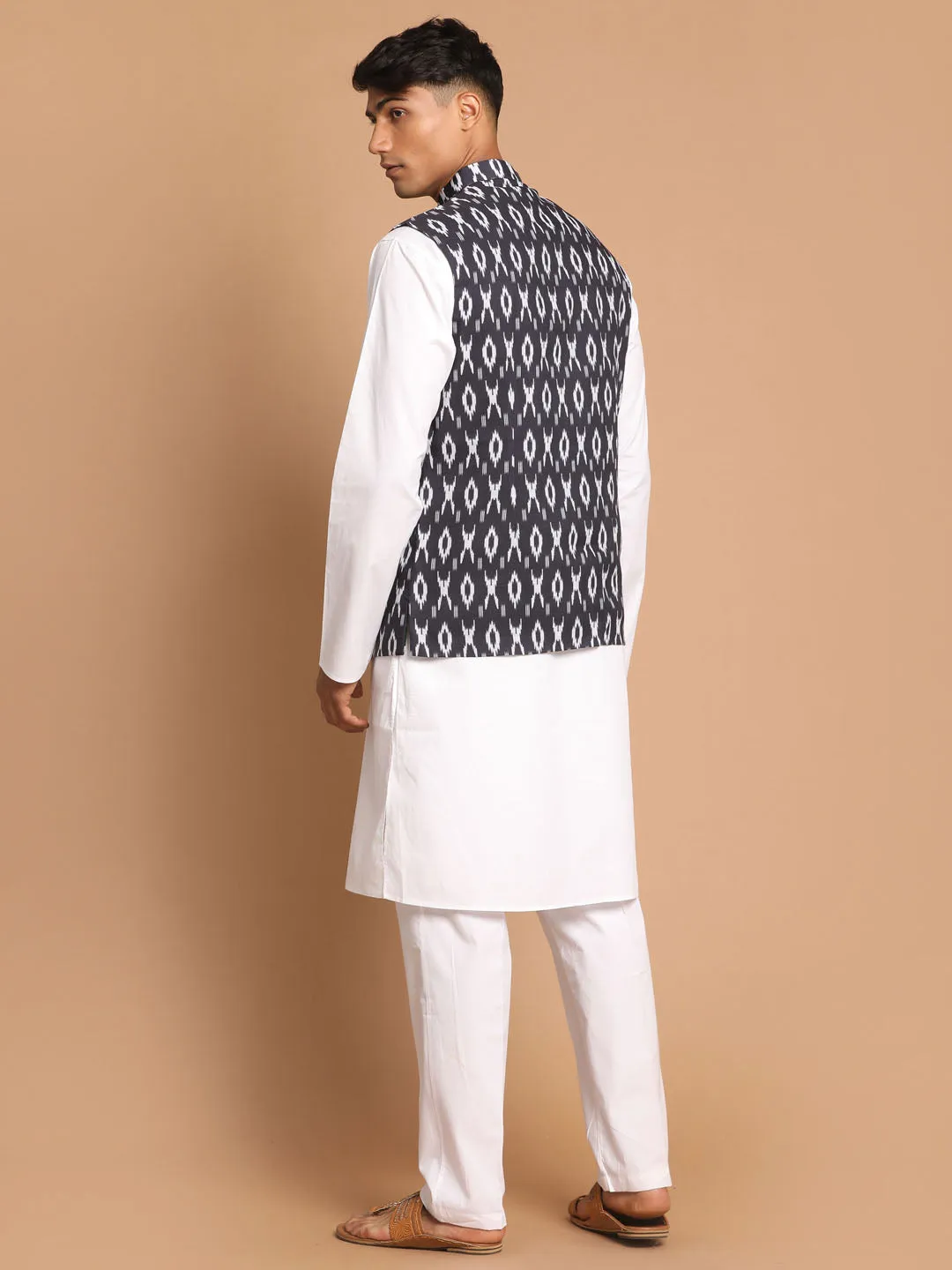 VASTRAMAY Black & White Nehru Jacket Kurta