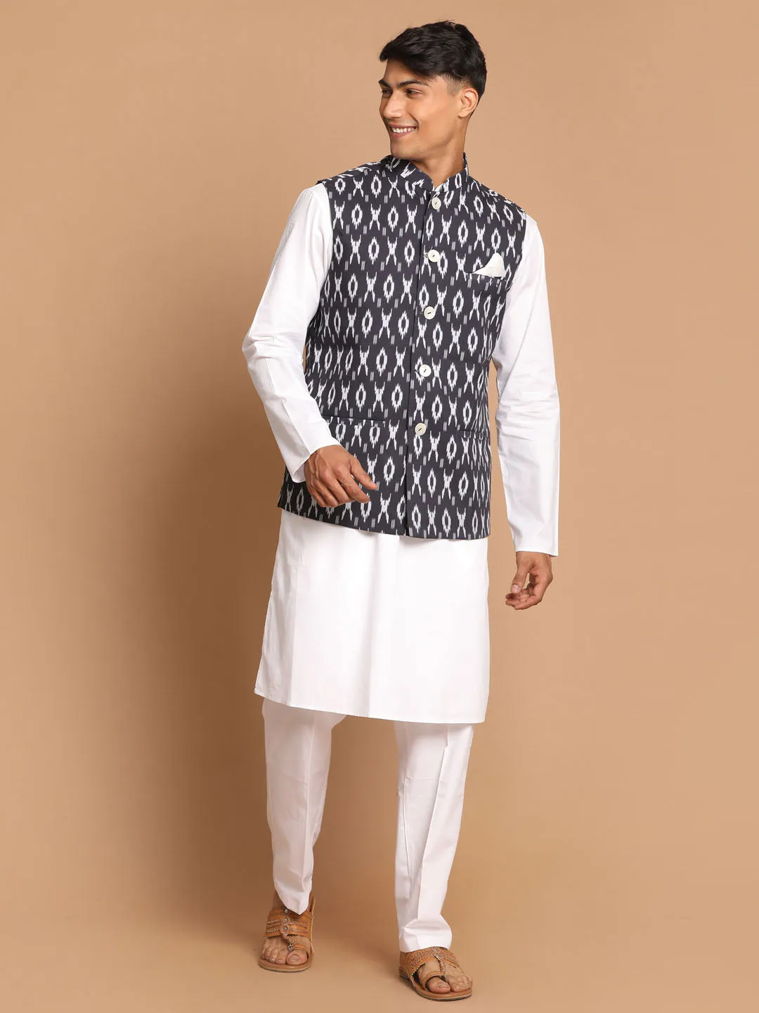 VASTRAMAY Black & White Nehru Jacket Kurta