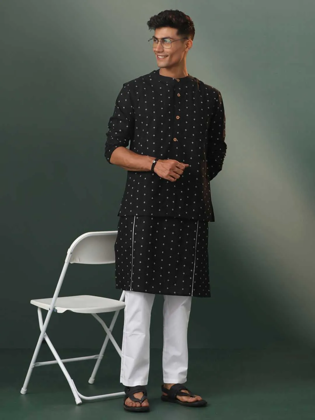 VASTRAMAY Black Cotton Jacket Kurta Set