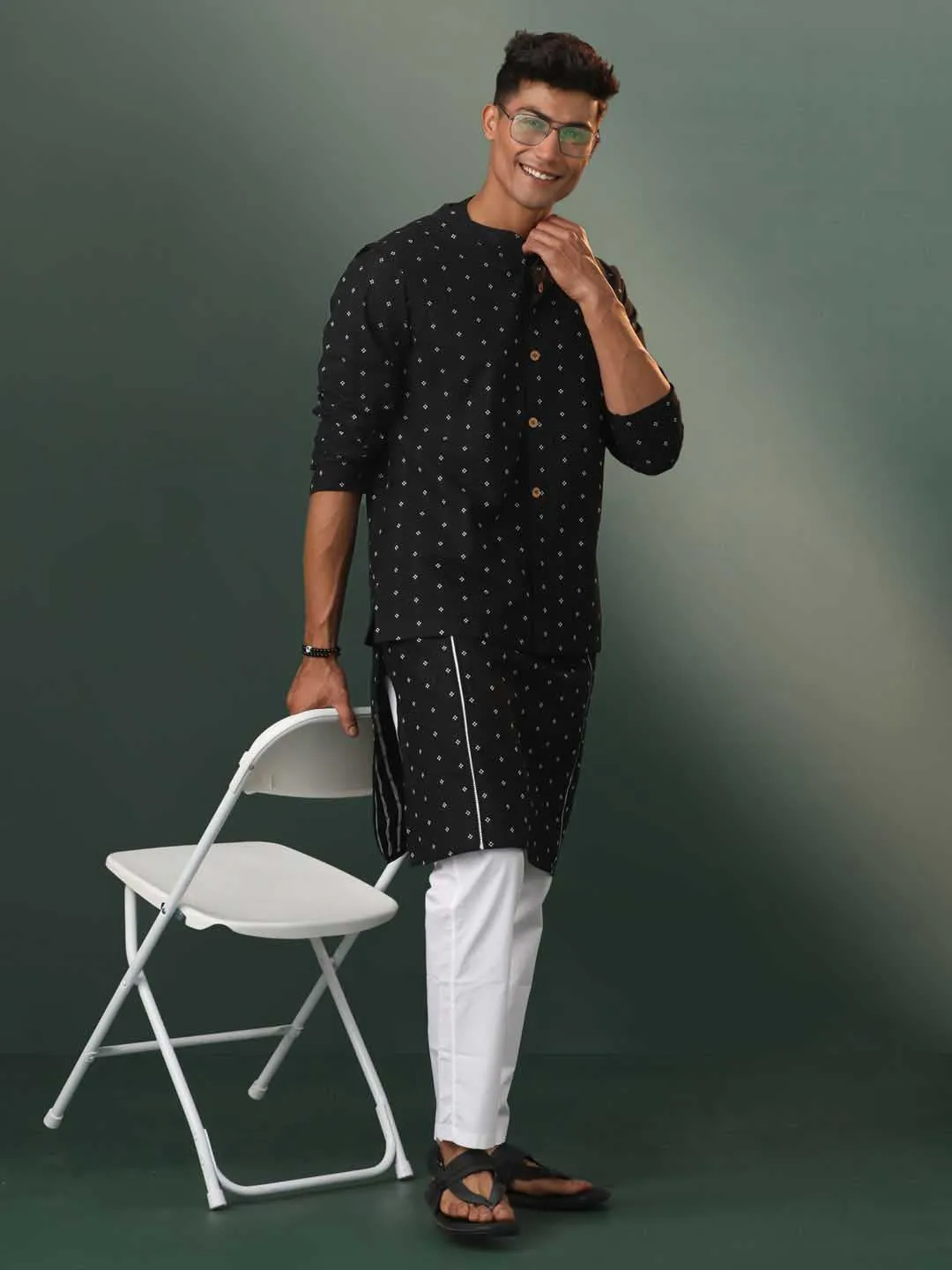 VASTRAMAY Black Cotton Jacket Kurta Set