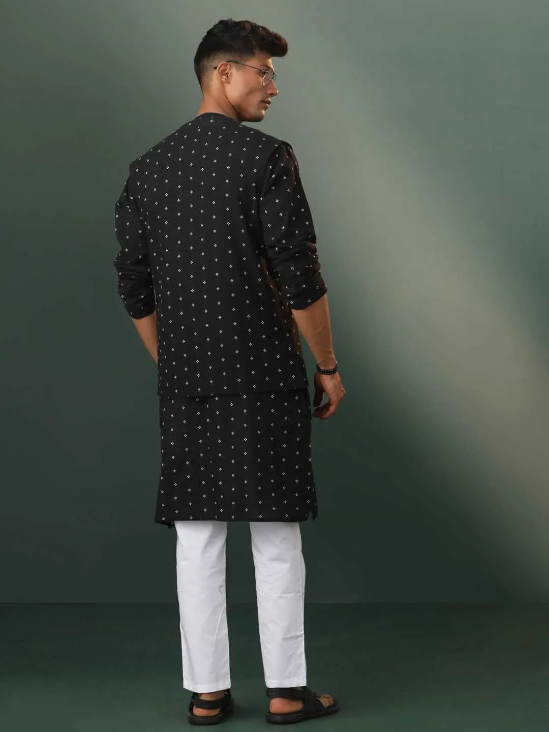 VASTRAMAY Black Cotton Jacket Kurta Set