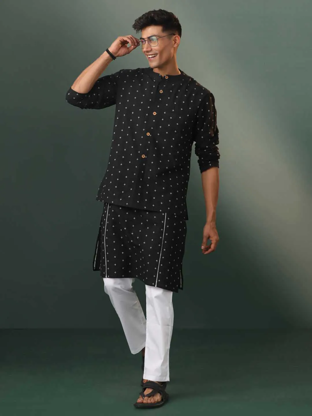 VASTRAMAY Black Cotton Jacket Kurta Set