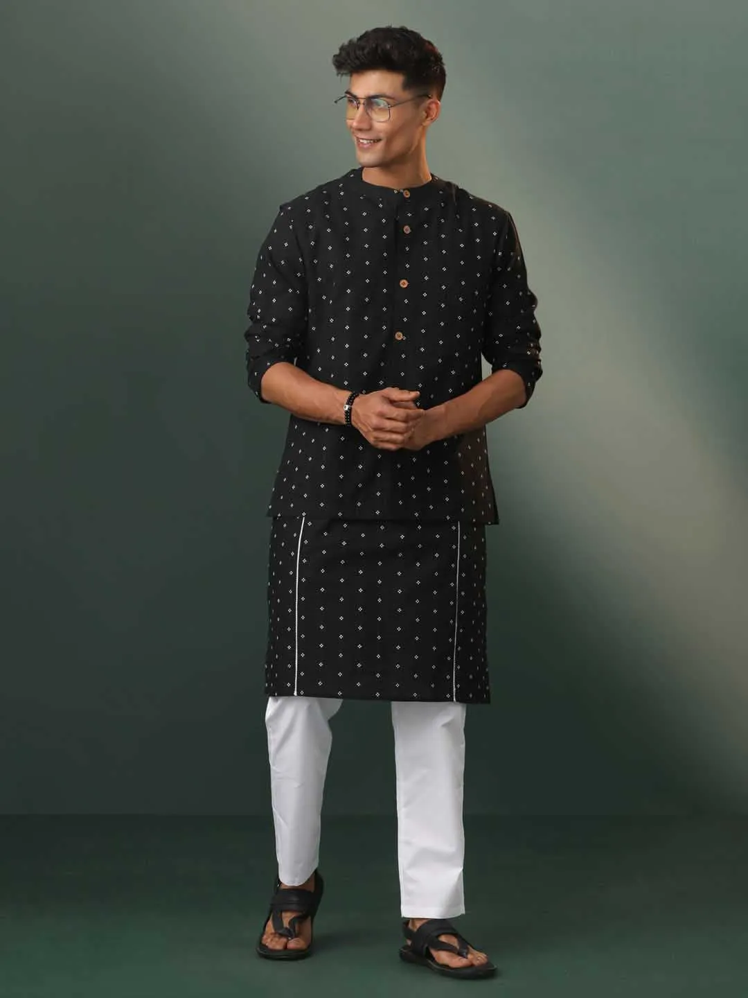 VASTRAMAY Black Cotton Jacket Kurta Set