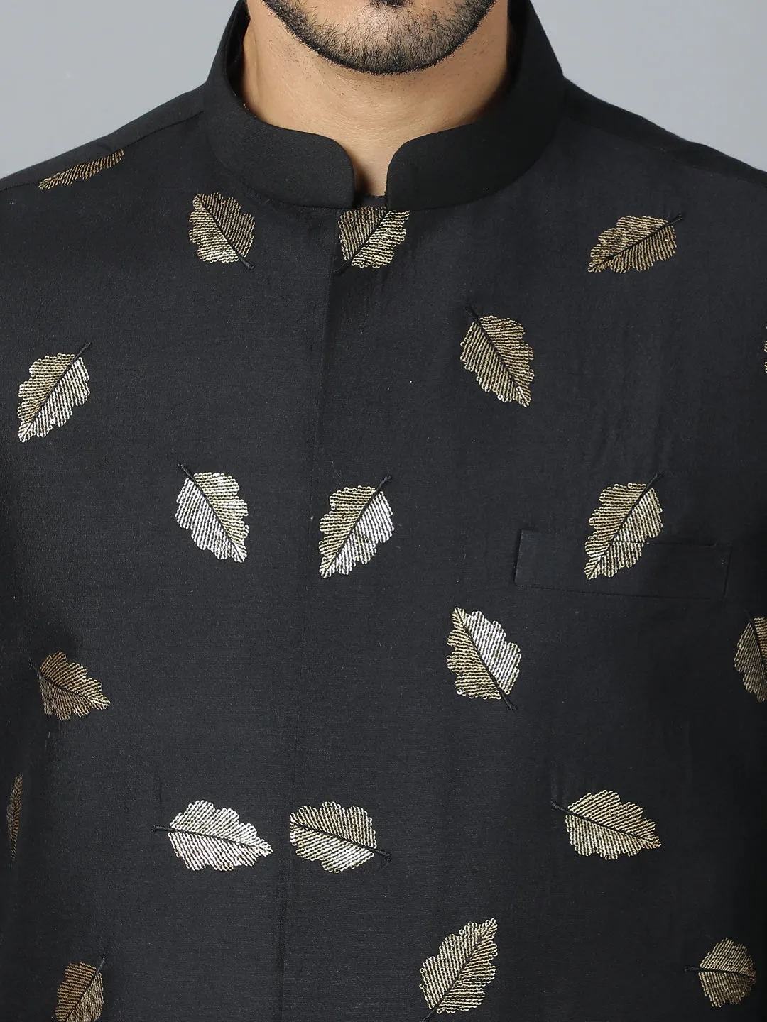 VASTRAMAY Black Leaf Motif Jacket Kurta